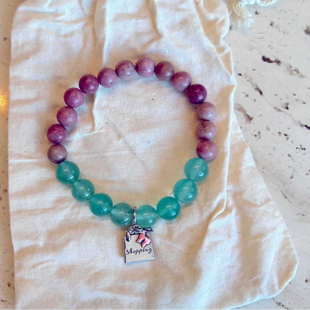 HANDMADE JADE & RHODOCHROSITE STONE BRACELET WITH STERLING SILVER CHARM